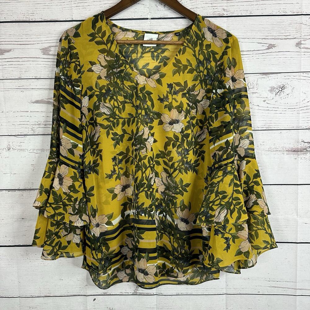 CAbi 5518 Blouse Womens Small Yellow Floral Sheer Flowy Top Spring Bell‎ Sleeve